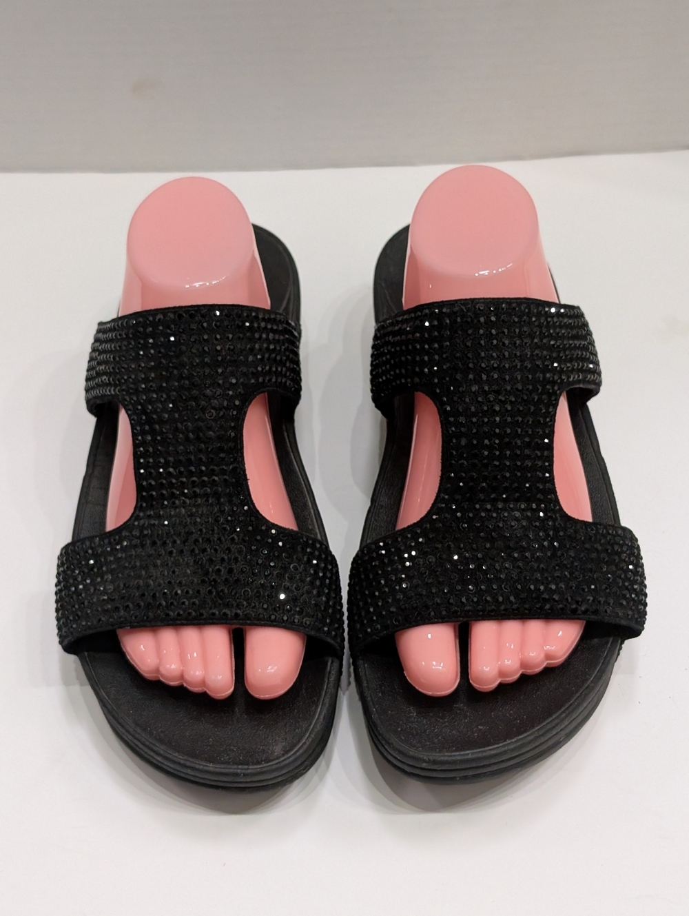 FitFlop Women's 11 Rokkit Sandals Black Strappy Rhinestone Wedge Comfort Casual